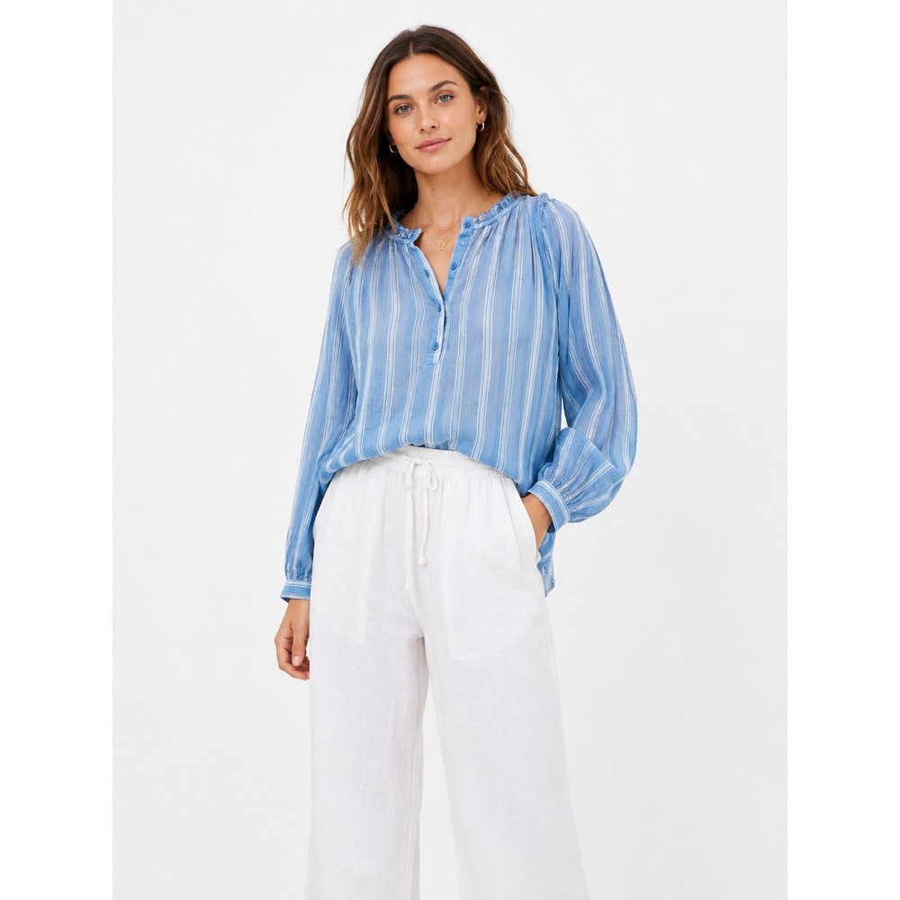 Gap Women Blue White‎ Striped Cotton Gauze Ruffle Neck Button Blouse Small S